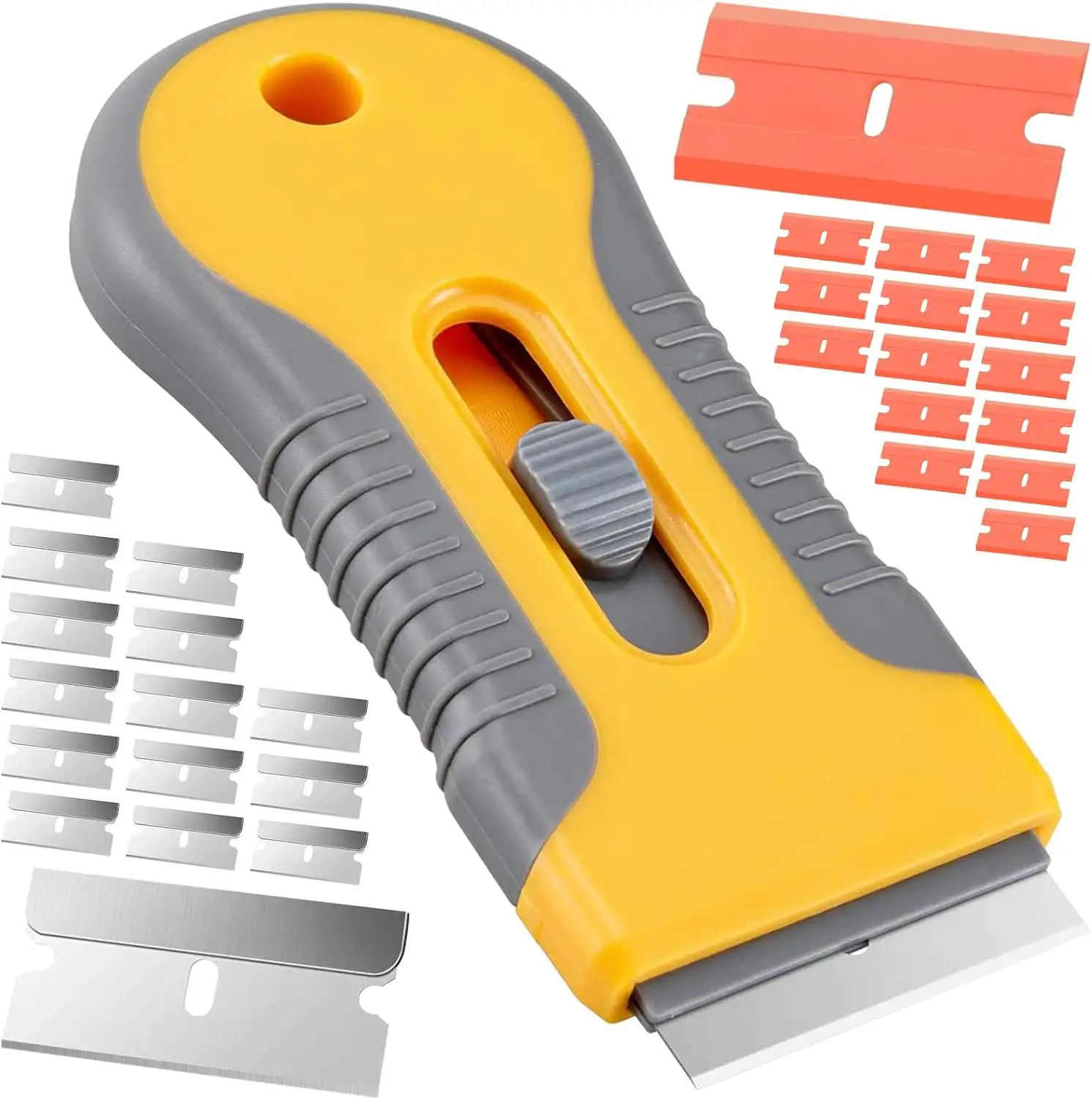 Razor Blade Scraper, Plastic Retractable Glass Scraper with Extra Razor Blades, Windshield Sticker Remover