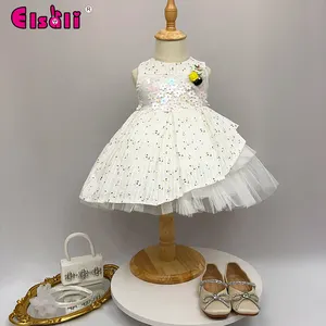 Elsali Kids Gown Girls Clothes Dresses 1-2 Years Flower Shaped Sequin Party Birthday Dress For Baby Girl