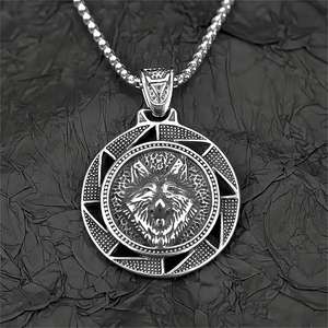 Stainless Steel Men's <b>Wolf</b> Head Pendant <b>Necklace</b> Geometric Animal Design Hip Hop Style Jewelry Gift For Clothing Matching - Product Image 3