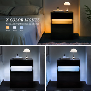 LED Nightstand 3 Drawer Dresser With Acrylic Board <b>Bedside</b> <b>Table</b> Black Bedroom Storage Drawer Unit - Product Image 4