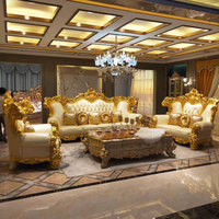Ensemble de canapés en cuir véritable Villa, luxe, bois massif, sculpté double face, feuille d'or, style européen, en forme de U, éponge haute densité