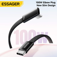 ESSAGER ES-X85 Cable de Carga Rápida Tipo C a C con Conector en Ángulo de 90 Grados, Trenzado Plano, 5A, PD 100W, para Teléfono, Laptop, iPhone, Xiaomi