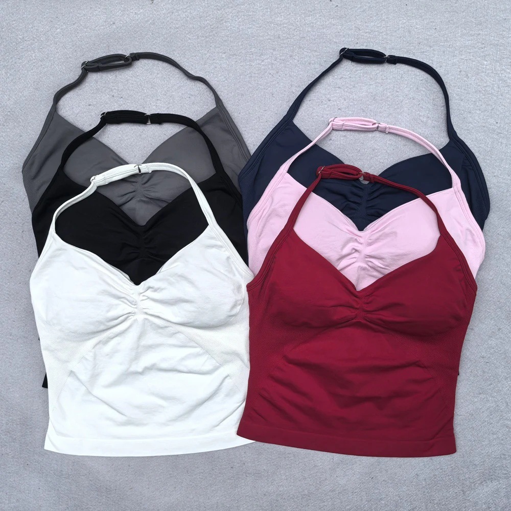 Cross-border Seamless Yoga Vest Tight-fitting Spandex/Nylon Hanging Neck Breathable Sports Underwear Shockproof Anti-sagging