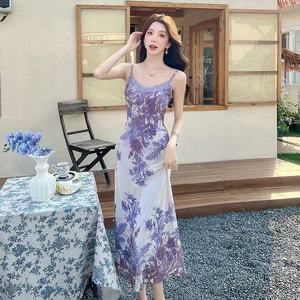 Wisteria Floral Print Slip Dress With Cardigan Set Empire Waist Strapless Long Skirt Chinese Style Spliced Evening Dress - Product Image 2