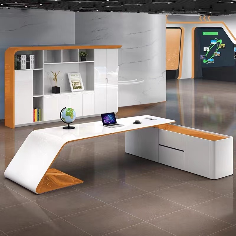 人気の新しいデザインデスクl形引き出し付きホワイト高級オフィス家具