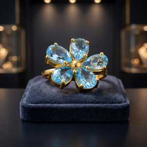 Flower Design Certified Trendy Cocktail <b>Ring</b> Natural Aquamarine Pear Cut Claw Setting 18K <b>Gold</b> Plated Women's Glam Jewelry March - Product Image 3