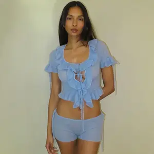 2024 Summer New Solid Color Lace Strap Open Navel Square Neck Short Sleeve Shorts Set
