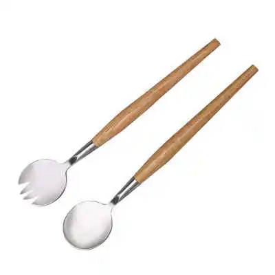 2Pcs En Vork Set Roestvrij Staal Houten Handvat Salade Servers Bestek Fruit Bestek Kit Servies