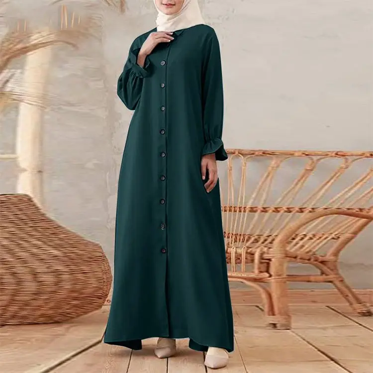 Laris Lebaran Gaun Vintage Polos Wanita Muslim Kemeja Abaya Kerah Single Breasted Kasual Islam Jubah Arab Saudi Femme Kaftan