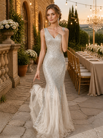 Robe de soirée sirène argentée à sequins, col en V, sans manches, avec empiècement en mousseline transparente et traîne, pour soirée formelle, vente en gros