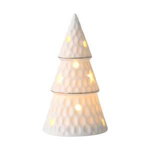 LINGKAI <b>LED</b> <b>Lighted</b> Ceramic Christmas Tree Figurine White Porcelain Table Decor Gold Trim Holiday Indoor Xmas Ornament Gift - Product Image 5