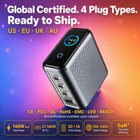 Chargeur GaN de bureau 148W avec affichage numérique, 4 ports PD3.1 QC4.0, charge ultra-rapide, certifié CE FCC RoHS pour OEM/ODM, logo personnalisé