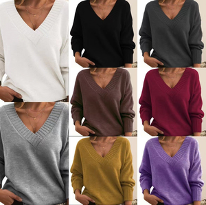 Pulls décontractés pour femmes à col en V, coupe ample, personnalisables, faible MOQ, prix abordable, en coton et viscose, couleur unie - Product Image 5