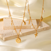 Collier avec pendentif en acier inoxydable style plage et océan, motif étoile de mer, coquillage, perle, pour femme