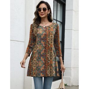 Blusa Bohemia para Mujer, Manga 3/4, Corte Holgado, Estampado Asimétrico, Estilo Casual para Uso Diario, Tallas S-3XL - Product Image 5
