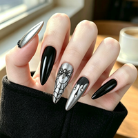Faux ongles à presser Halloween, longs, forme stiletto, motif toile d'araignée noire et argentée avec strass, réutilisables, vente en gros usine