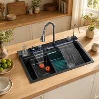 Lavello da Cucina Sottopiano a Cascata, Finitura Spazzolata, Design Moderno, Nero Nano, Acciaio Inossidabile 304, Display Digitale