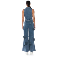 Nouveau design de combinaison personnalisée sans manches, col en V, ceinture réglable, combinaison en denim à fleurs en tissu denim, pantalon à jambes larges pour femmes