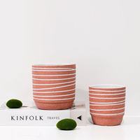 Pot Tanaman Keramik Matte Warna Oranye Terakota - Tekstur Bergaris Boho Minimalis untuk Interior (Grosir)