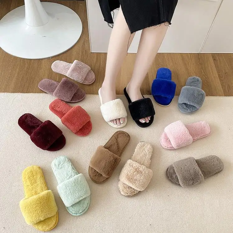 Custom Label Pure Color Rabbit Fur Home Slippers For Women Ladies