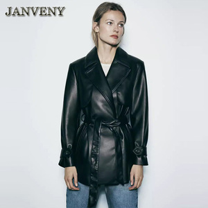 JANVENY 2024 nouveau printemps automne en <span class=keywords><strong>cuir</strong></span> PU <span class=keywords><strong>Trench</strong></span> ceinturé veste femmes revers col ceintures Faux <span class=keywords><strong>cuir</strong></span> <span class=keywords><strong>court</strong></span> coupe-vent manteau - Product Image 1