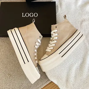 Sepatu High Top Renda Wanita, Sepatu High Top Olahraga Wanita Platform Heels Sepatu Kanvas Kasual untuk Wanita Gaya Baru