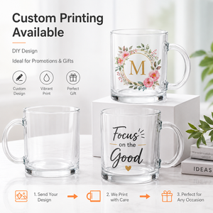 Vaso de Café de Vidrio Transparente de 11 oz, Imprimible por Transferencia Térmica, para Impresión de Marca Personalizada, Ferias Comerciales y Gráficos Envolventes Completos - Product Image 4