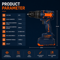 Perceuse sans fil rechargeable 21V de qualité professionnelle, couple élevé, batterie lithium-ion, mandrin 13mm, vitesse variable pour le métal