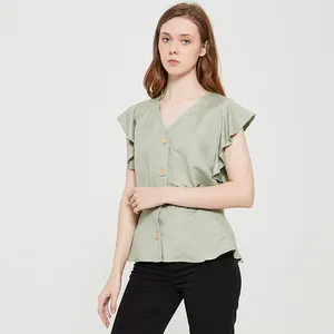 Venda de camisa fashion de verão, blusa feminina de manga curta com gola v, viscosa, confortável, branca/verde 170gsm