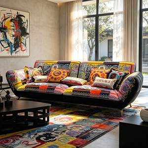 Luxuriöses Mehrfarbiges Patchwork-Sofa <span class=keywords><strong>Barock</strong></span> Bedruckter Stoff <span class=keywords><strong>Couch</strong></span> Mit Goldenen Metallbeinen für Hochwertige Villa Wohnzimmer-Einrichtung - Product Image 1