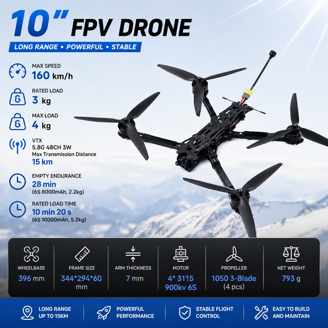10 Inch Long Range FPV Drone UAV with ELRS915M 5.8G 48CH VTX F405 Flight Controller Customizable