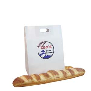 Sacs en papier kraft blancs personnalisés en gros avec poignée découpée et trou perforé pour l'emballage alimentaire (lait et sushi) avec logo imprimé - Product Image 1