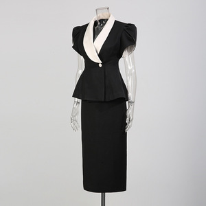 Conjunto de Dos Piezas Elegante Estilo Francés, Cuello en V, Combinación de Colores, Top de Manga Corta para Mujer, Moda, Cintura Alta, Color Sólido, Media Falda - Product Image 2