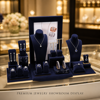 JUNSEN Ensemble de présentoirs à bijoux en velours bleu marine avec finition dorée, pour colliers, bagues, boucles d'oreilles et montres, pour présentation en showroom, vente en gros, OEM