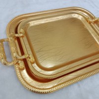 Plateau de Service Rond Doré de Luxe de 45 cm Fait à la Main Marocain, Plateaux à Thé et Café en Métal Argenté et Doré avec Poignées pour Vente en Gros