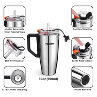 Gourde isotherme classique en acier inoxydable 304, 30 oz, argent brillant 18/10, avec poignée et paille