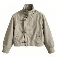 Blouson de pompier en toile délavée pour homme, col montant, fermeture éclair, poches obliques à boutons-pression, style vintage, long, imperméable et respirant pour le travail