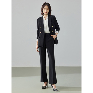 Women's Navy Blue Suit Set Double Breasted Blazer Pants Professional Office Wear Business Interview Attire Full Sleeve Worsted - Product Image 2