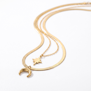 QIAOREN 13508 Collana con Ciondolo a Stella e Luna Crescente a Due Strati, con Catena Mista a Serpente Piatto e Cavo Sottile, Collana Delicata in Oro - Product Image 5