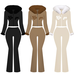 Ensemble de survêtement deux pièces personnalisé pour femme, col en fourrure, style Y2K, strass, pour grandes tailles, vêtements de détente - Product Image 3