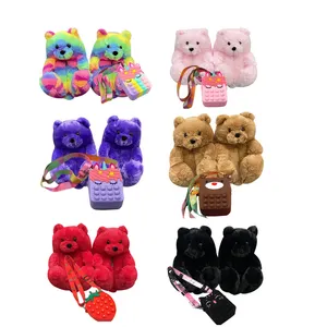 Toddler Teddy Bears Slippers And Bag Set Cartoon Kids Slippers Outdoor Plush Little Kid Purses and Handbags Cute Mini PopitcBag
