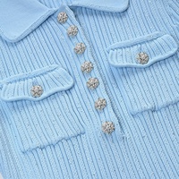 Vintage elegante estilo primavera señora Turn-Down Collar manga corta mujeres de punto de lentejuelas ajustado con volantes Vestido corto sólido