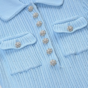 Vintage Style élégant printemps dame col rabattu à manches courtes femmes tricot Sequin mince ajusté volants robe courte solide - Product Image 5