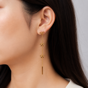 ต่างหูห้อยโซ่รูปโบว์สีทองเงิน สแตนเลสชุบทอง 14K แบบเคลือบสูญญากาศ ดีไซน์แท่งยาว - Product Image 5
