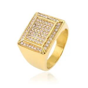 थोक मूल्य आकर्षण हीरे क्रिस्टल पत्थर स्टेनलेस स्टील सोना मढ़वाया jewely पुरुषों की उंगली की अंगूठी
