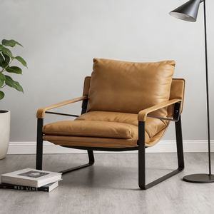 Poltrona Ergonomica <span class=keywords><strong>in</strong></span> <span class=keywords><strong>Pelle</strong></span> Cerata Stile Industriale con Telaio <span class=keywords><strong>in</strong></span> Metallo a U, Cuscino ad Alta Resilienza, Poltrona Singola Compatta - Product Image 4