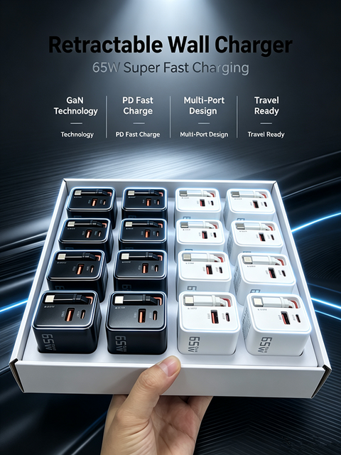New Arrival 65W Retractable Cable GaN Charger Multi-Port PD QC Fast Wall Charger Foldable Plug Travel Charging Adapter US/UK/EU