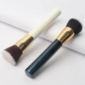 ZH Cosmetic-brocha de maquillaje blanca y azul con tu logotipo, marca privada, vegana, base de belleza, parte superior plana, cara Forever