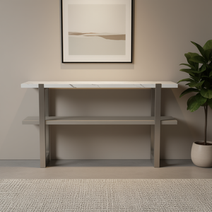 Consolle con Piano Effetto Marmo, Mobile Contenitore per Ingresso e Soggiorno, Grigio Lavato, Legno Massello e MDF - Product Image 2