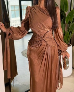 Robe de soirée pour femmes du Moyen-Orient avec ruban plissé et manches longues scintillantes, robes de soirée tendance - Product Image 3